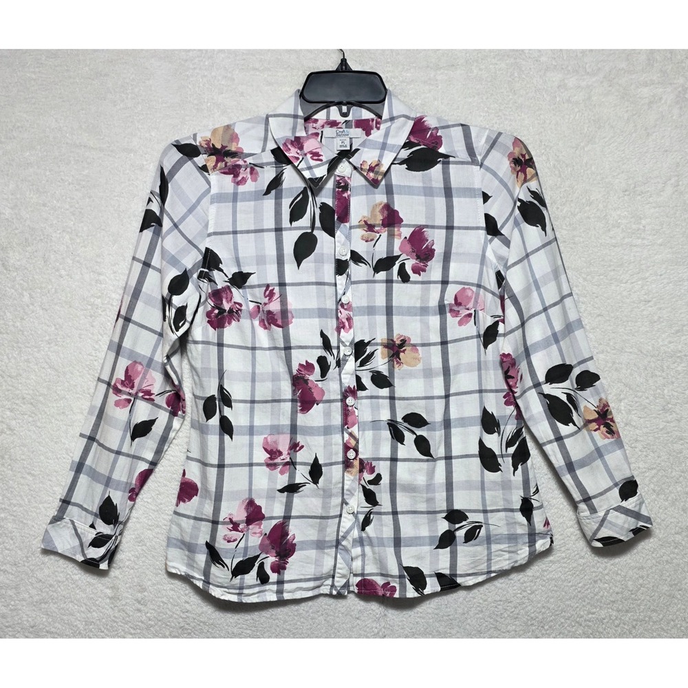 Croft & Barrow Women's Petite Small Floral Plaid Button Down Shirt Purple White